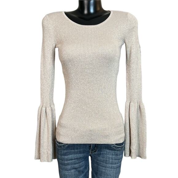 Hinge NEW Womens Bell Sleeve Sweater sz Small Beige Oatmeal Cream Metallic Gold - Picture 2 of 5